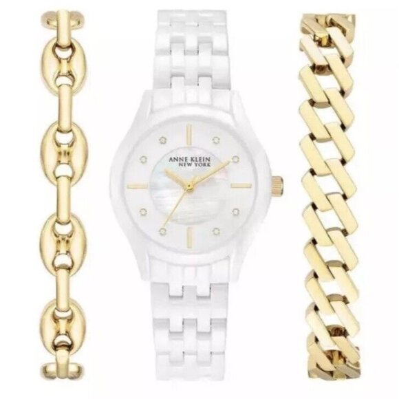 Anne Klein Ladies 12/7740WTST White Ceramic Watch w/ 2- Gold Tone SS Bracelets